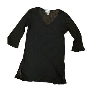 J Valdi Black Ribbed Knit V-Neck Tunic Swim Cover Up Top 3/4 Sleeve Medium